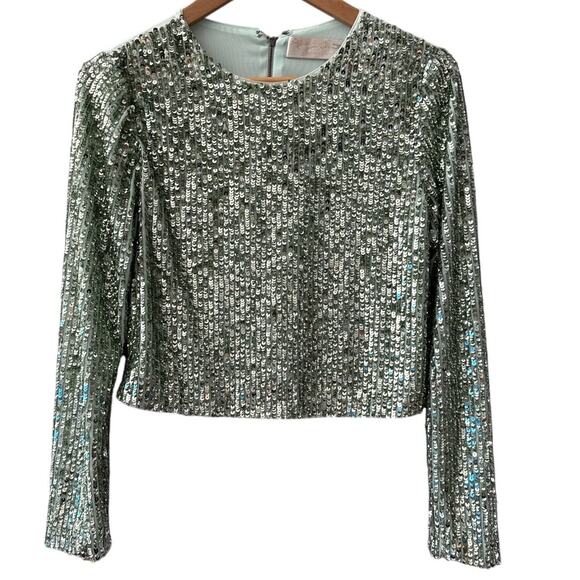 ALICE + OLIVIA Delaina Long Sleeve Sea Green Sequin Crop Top Size Large - Picture 6 of 10